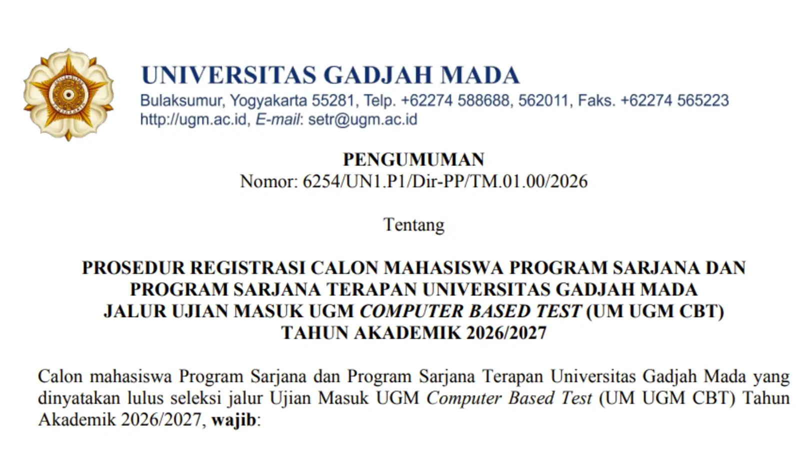 Cara Daftar Ulang Mahasiswa Baru Jalur CBT UM UGM 2026