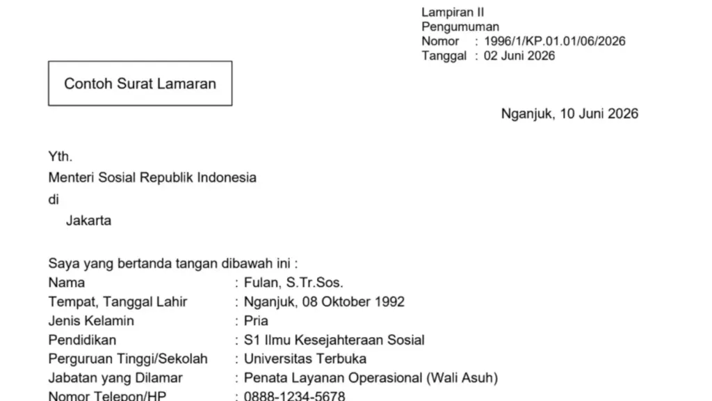 Contoh Format Surat Lamaran PPPK Tendik Sekolah Rakyat 2026