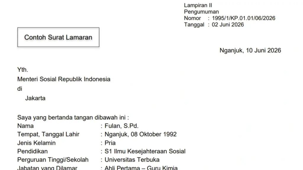 Contoh Surat Lamaran Kerja PPPK Guru Sekolah Rakyat 2026