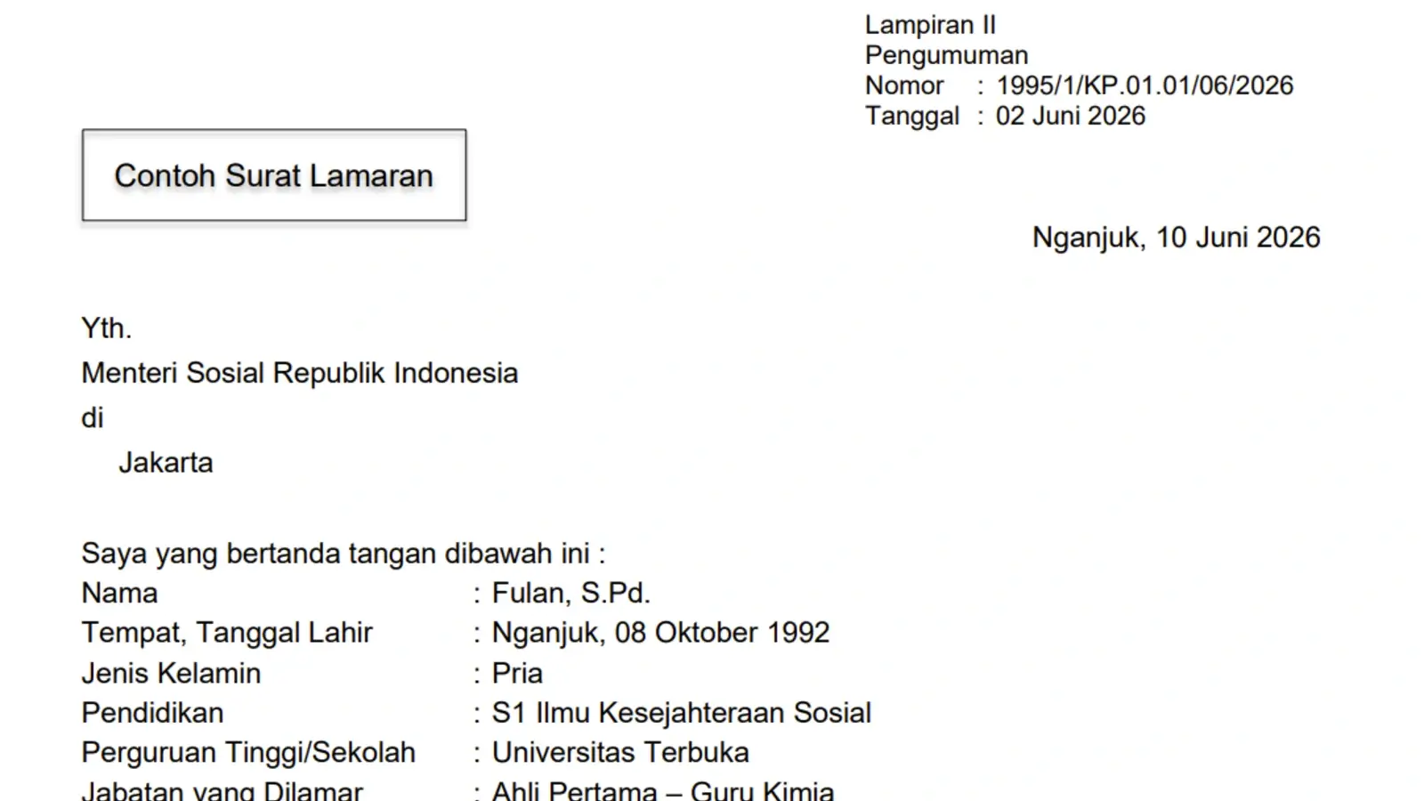 Contoh Surat Lamaran Kerja PPPK Guru Sekolah Rakyat 2026