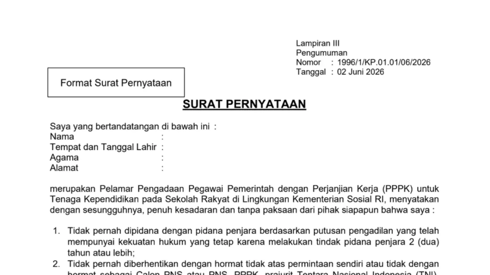 Surat Pernyataan 10 Poin PPPK Sekolah Rakyat