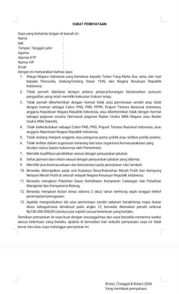 lembaran dokumen surat pernyataan